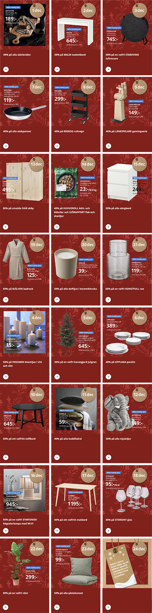 IKEAS julkalender innehåller 24 luckor med fina erbjudanden på möbler och inredning.
